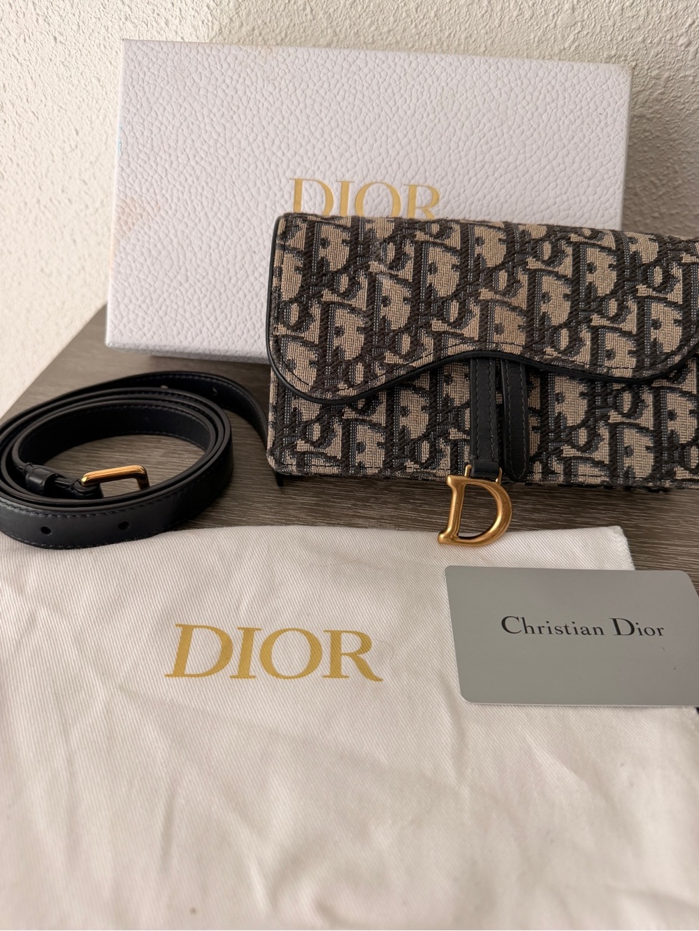Dior Beige and Black Oblique Canvas Saddle Clutch with Gold-tone D